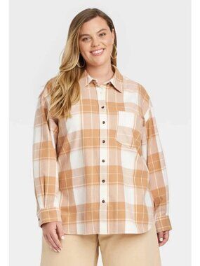 Universal Thread sz XL Women's Oversized Flannel Button Shirt Plaid Tan NEW